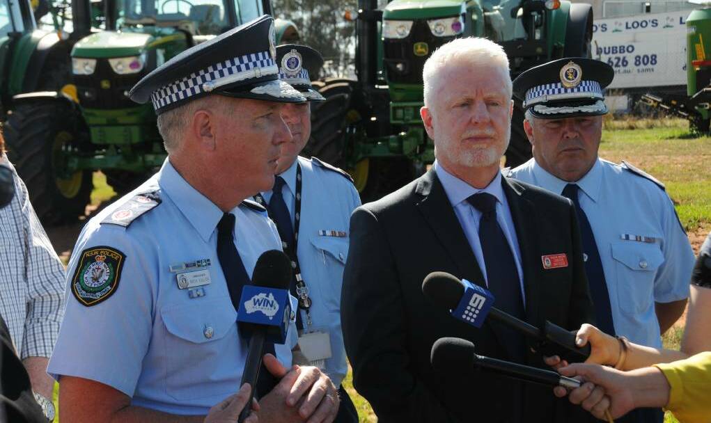 PREVENTION: NSW Police Commissioner Mick Fuller and Detective Inspector Cameron Whiteside addressing the media about the state's rural crime prevention team. Photo: PAIGE WILLIAMS