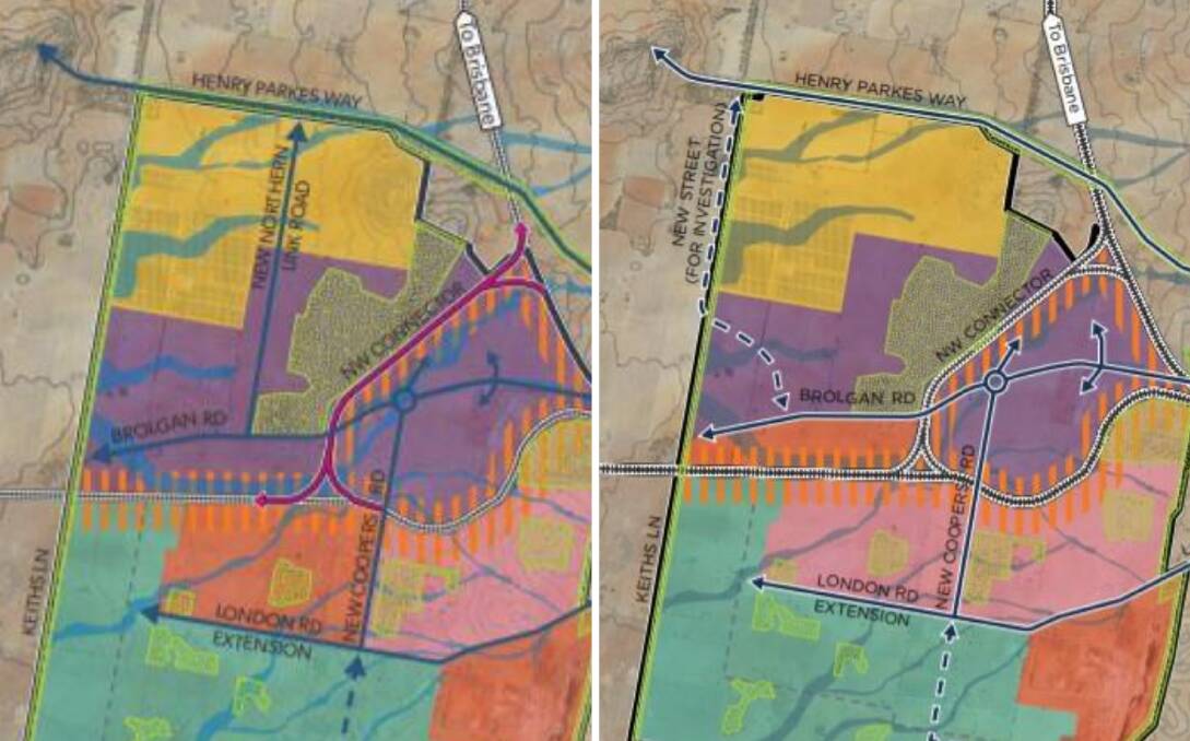 REVISED: The draft master plan of the Parkes Special Activation Precinct (left) exhibited in October last year, shows the proposed northern link road going through the (yellow) solar sub-precinct. This was removed in the final master plan (right) released in June.