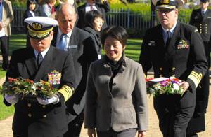 Admiral Masahiko Sugimoto, Chief of Staff of the Japanese Maritime Self Defence Force, Cowra Mayor Cr Bill West, Mrs Shigemi Sugimoto, and Vice Admiral Ray Griggs, Chief of the Royal Australian Navy, during the wreath-laying ceremony at the Australian War Cemetery, Cowra.